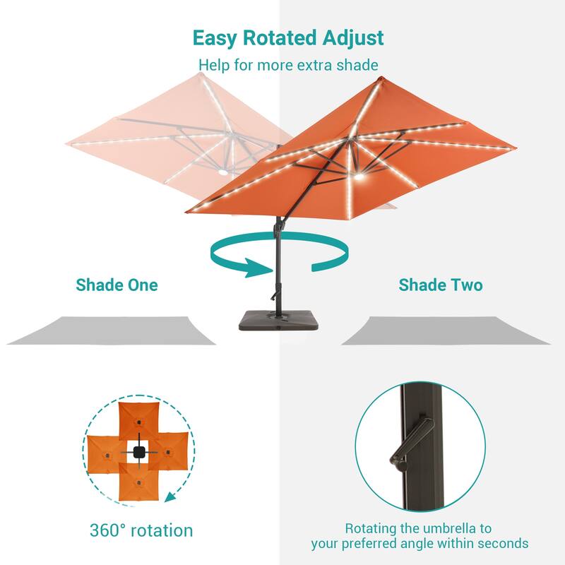 BONOSUKI 10x10FT LED Cantilever Patio Umbrella Angle Adjustment w/Base