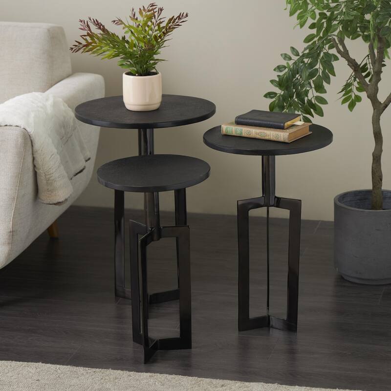 Aluminum Metal Geometric Accent Table with Black Marble Tabletops - Set of 3 Gold or Black - Roche River Decor