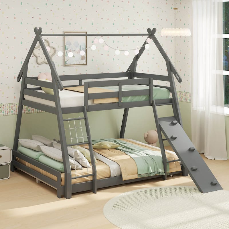 Costway Twin Over Queen Bunk Bed House Shaped Bed Frame with Climbing - See Details