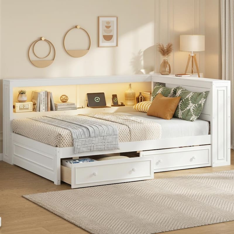 Full Size Wood Daybed with Storage Shelves, USB Ports, LED Lights & 2 Drawers by Harper&Bright Designs - White