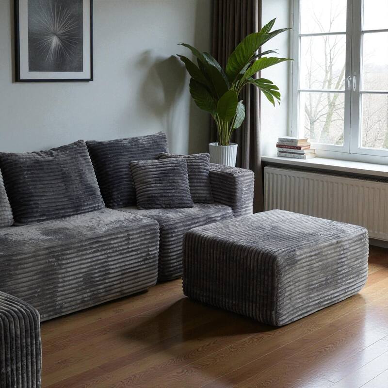 133.86" Cloud Modular U-Shaped Sectional Sofa with Ottoman, Deep-Seat Corded Fabric Couch for Living Room, No Assembly