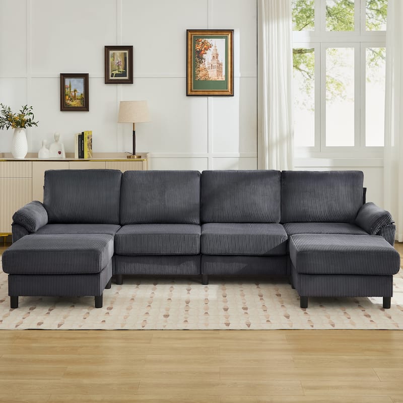 116.5" Corduroy U-Shaped Modular Sectional Sofa with 2 Movable Ottomans - Grey