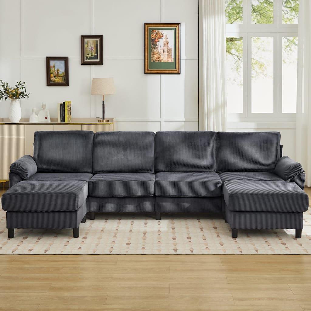116.5" Corduroy U-Shaped Modular Sectional Sofa with 2 Movable Ottomans