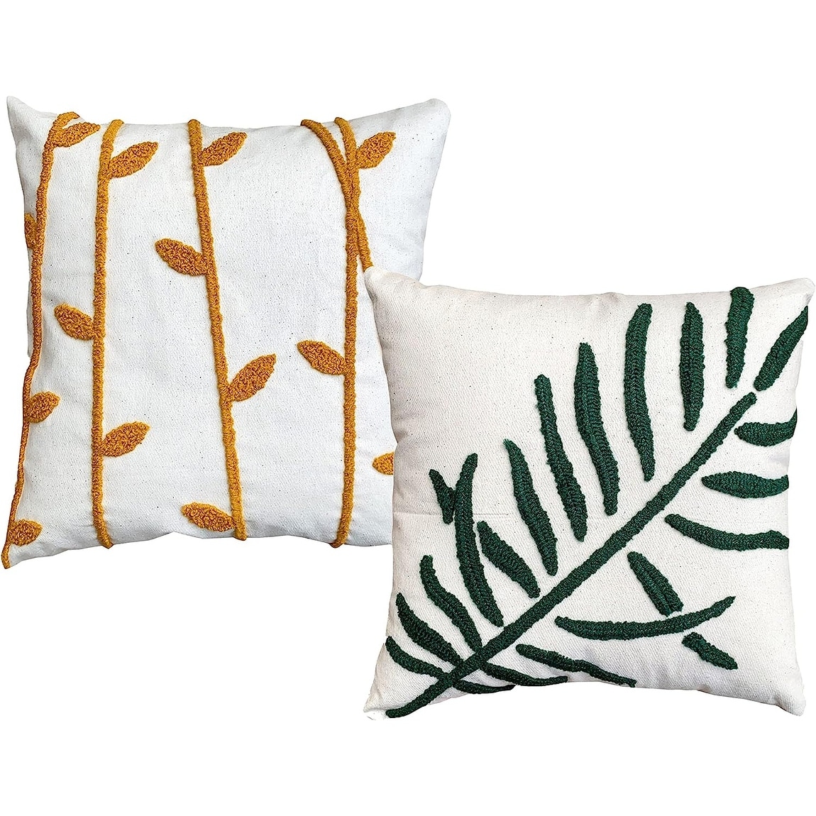 17x17 inch 2 Piece Square Cotton Accent Throw Pillow Set, Leaf Embroidery, White, Green, Yellow