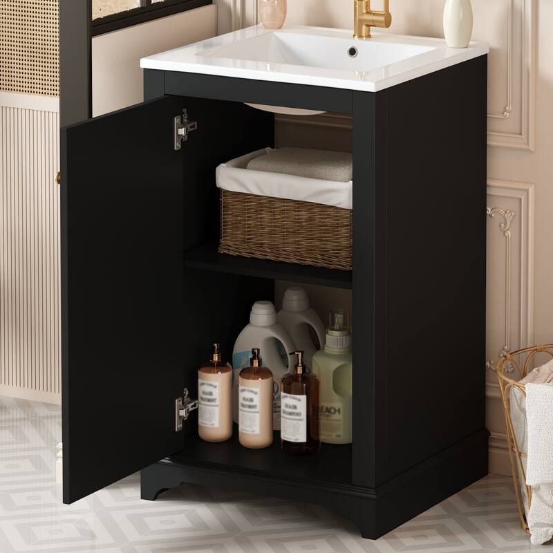 20" Bathroom Vanity with Ceramic Sink - Soft Closing Door, Adjustable Shelf, Freestanding Modern Single Vanity - Black