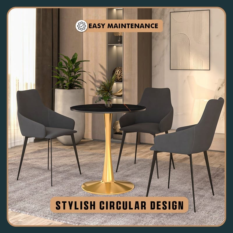 Bristol Series 27" Round Dining Table with Sintered Stone Top and Gold Stainless Steel Pedestal Base for Kitchen or Dining Room