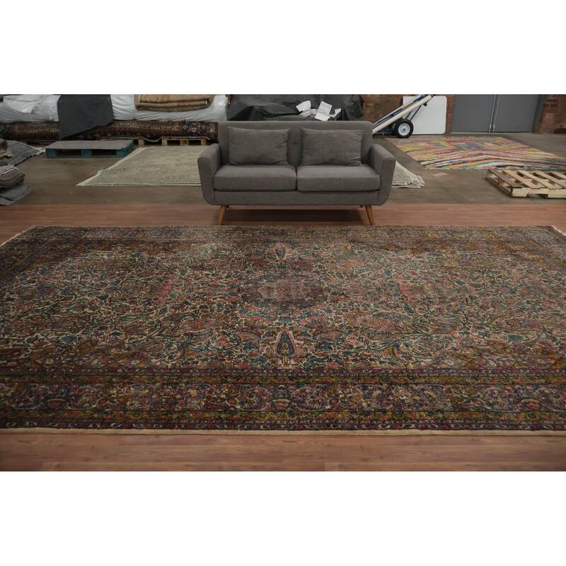 Hand Knotted Oriental 100% Wool Carpet Traditional Floral Beige & Ivories Kerman Area Rug - 15' 2'' X 8' 6''