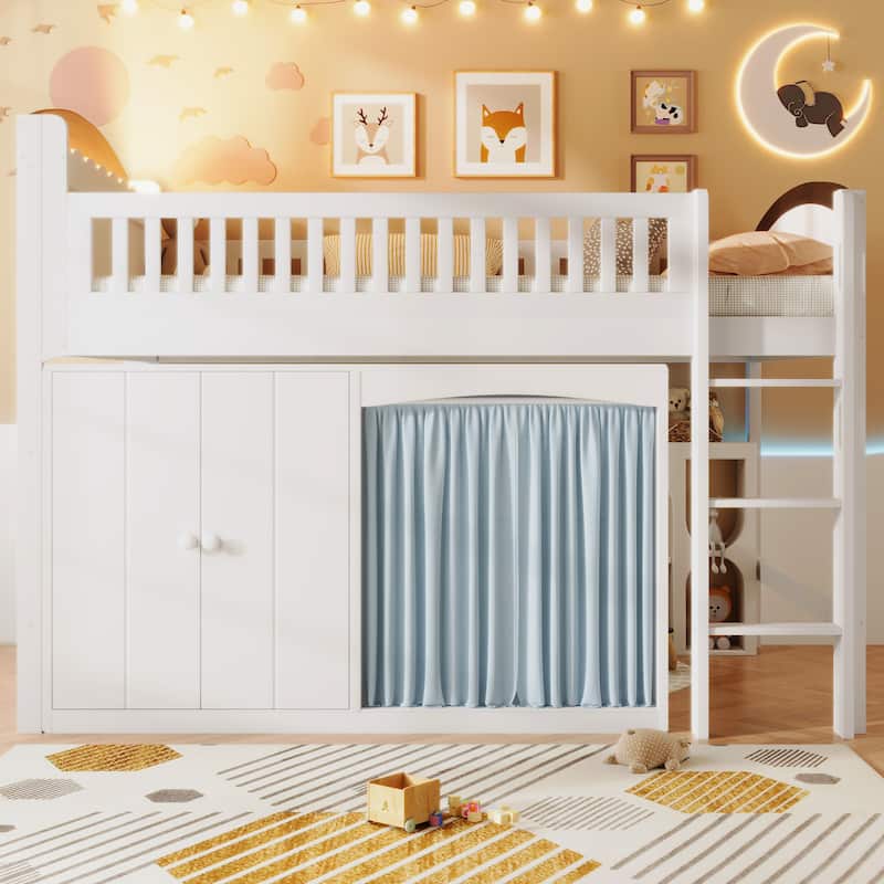 Twin Loft Bed with Built-in Wardrobe & Storage Cabinet, Space-Saving Design with LED Lighting