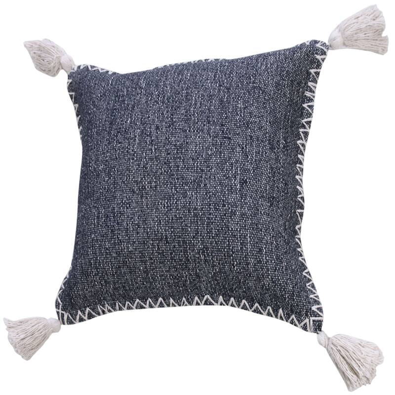 20" Blue and White Stonewash Embroidered Edge Square Throw Pillow with Tassels