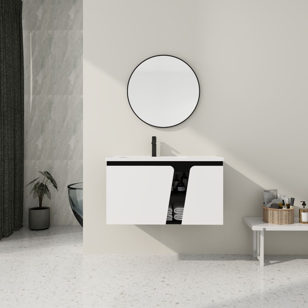 36"Floating Wall-Mounted Bathroom Vanity with Ceramic Basin & Soft-Close Cabinet Door
