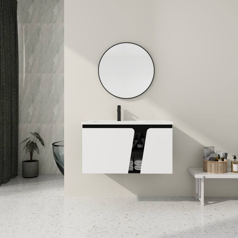 Wall-Mounted Bathroom Vanity with Ceramic Sink, Soft-Close Doors, Eco-Friendly Plywood Cabinet, and Ample Storage - White+Black