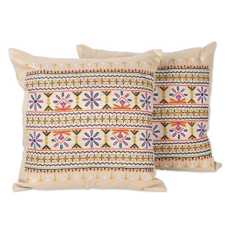 Novica Handmade Merry Meeting Embroidered Cotton Cushion Covers (Set Of 2) - Pillow Covers - Cover Only - Beige - Set of 2