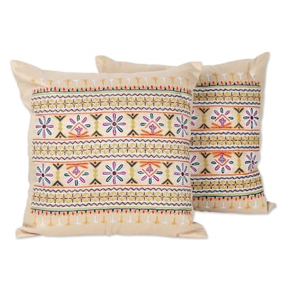 Novica Handmade Merry Meeting Embroidered Cotton Cushion Covers (Set Of 2)