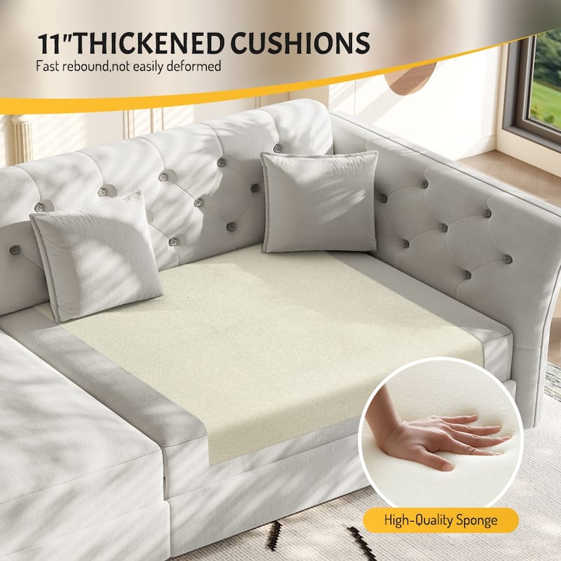 Homy Casa 100"/74" Oversize 4-Seater Convertible Pull Out Sofa Bed with Flower Tufted Velvet