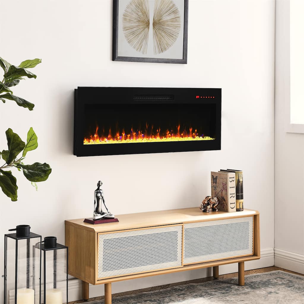 42 Inch Recessed Ultra Thin Tempered Glass Front Wall Mounted Electric Fireplace
