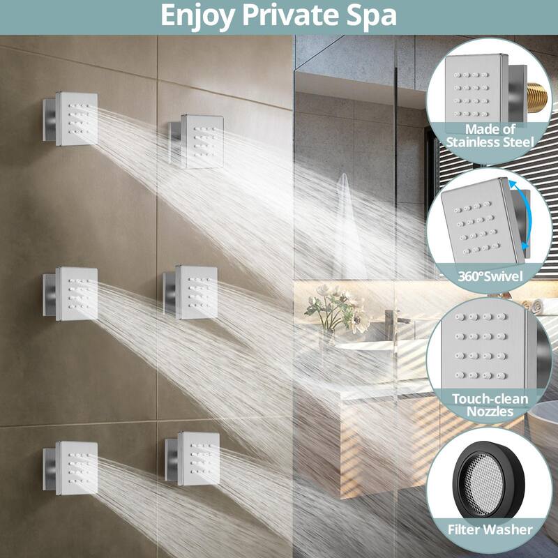 Dual Heads Thermostatic Shower System 12" Wall Rain Shower Head & 12" Ceiling High Pressure Shower Faucet with 6 Body Jets