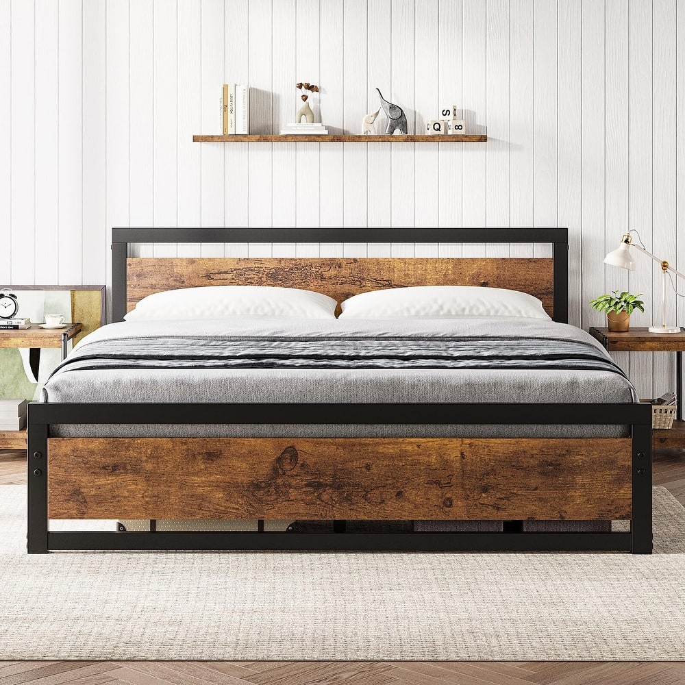 Bed Platform with Wooden Headboard No Box Spring Needed