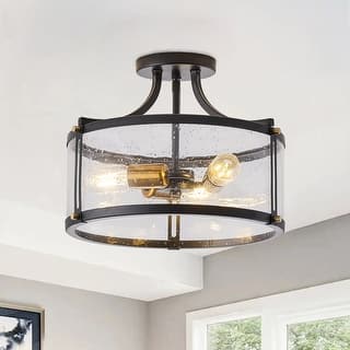 Farmhouse Matte Black 3-Light Semi Flush Mount Ceiling Lighting Fixture with Drum Seeded Glass Shade