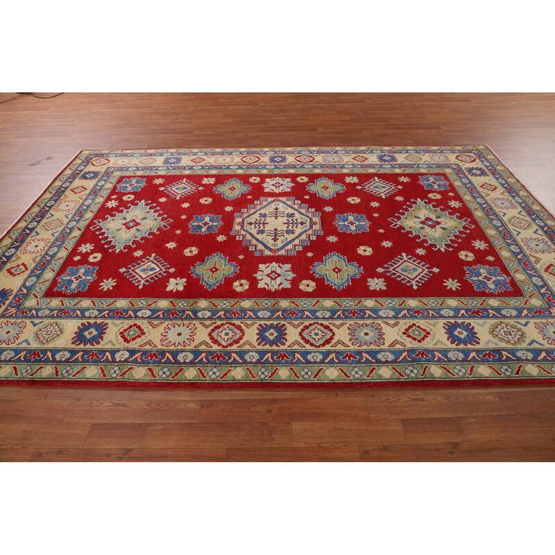 Geometric Red Kazak Oriental Area Rug Living Room Handmade Wool Carpet - 6'7" x 9'10"