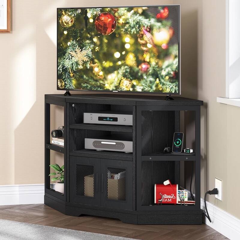 Corner TV Stand with Power Outlets & LED Lights TV Console Black - 47 inches in width