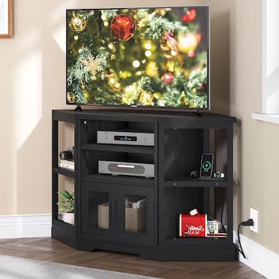 Corner TV Stand with Power Outlets & LED Lights TV Console Black - 47 inches in width