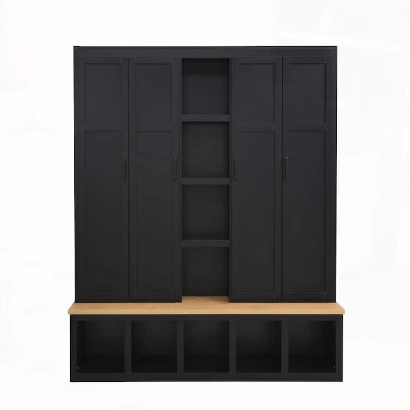 Farmhouse 4-in-1 Hall Tree with 6 Hanging Hooks, Mudroom Wood Grain Bench with Open Compartments