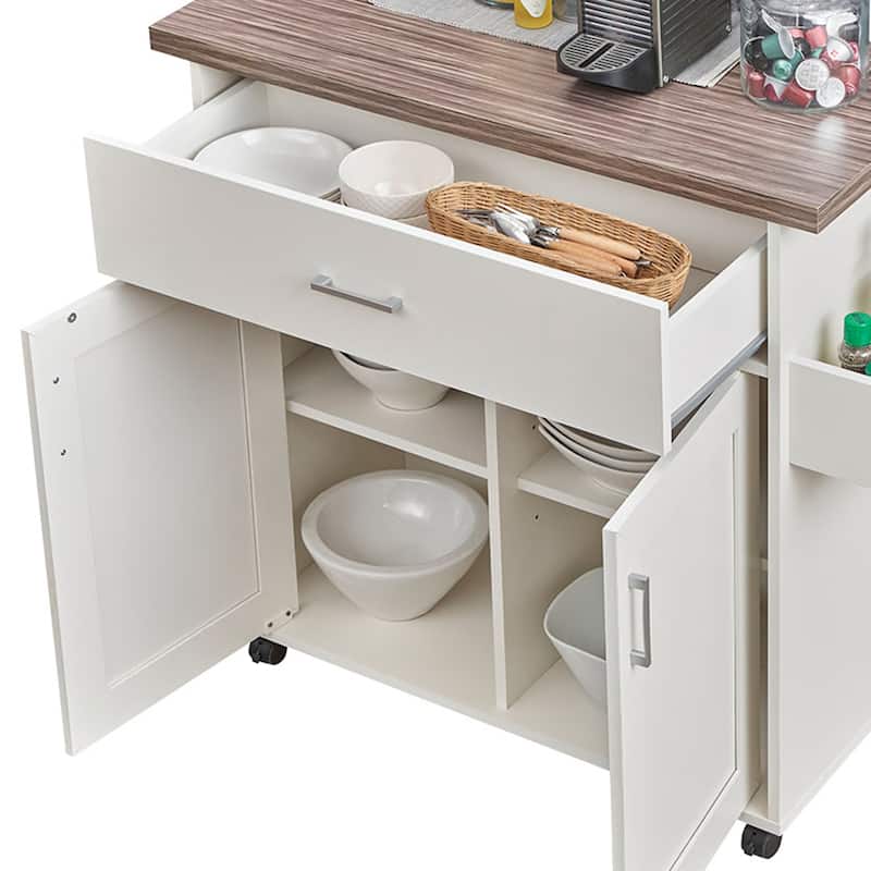 Mobile Kitchen Island Cart with Water Resistant Top,Cabinets with Adjustable Shelves,and Towel & Spice Rack