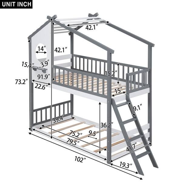 dimension image slide 0 of 2, Twin Over Twin Bunk Bed Wood Bed with Roof, Window and Ladder, Natural