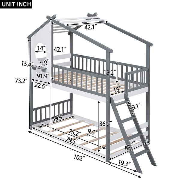 dimension image slide 1 of 2, Wooden Bunk Bed with Ladder, Guardrail, Roof and Window, Twin Over Twin