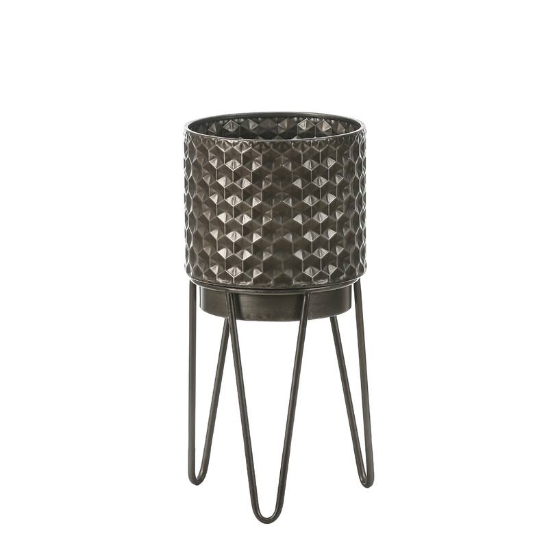 Brown Metal Honeycomb Cachepot Planters with Brown Metal Stands (Set of 2)