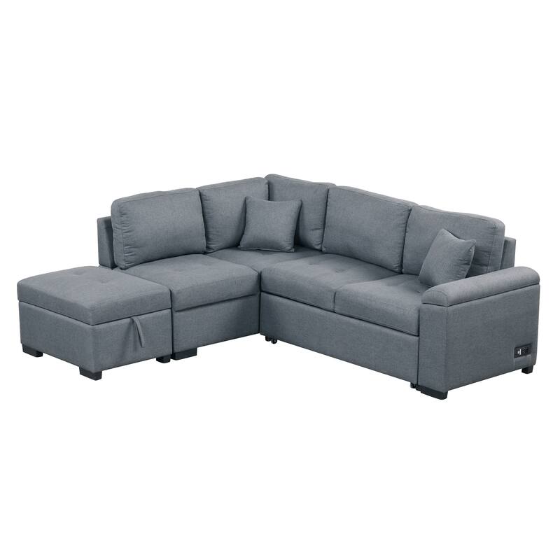 84.75" Velvet L-Shaped Sectional Sofa with Storage Ottoman, USB & Hidden Storage