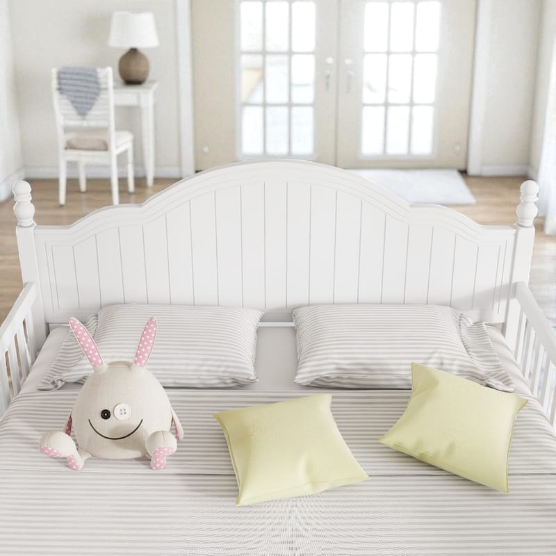 Twin/Full Size Wooden Kids Bed with Headboard, Footboard, Guardrails and Storage, Platform Bed Frame