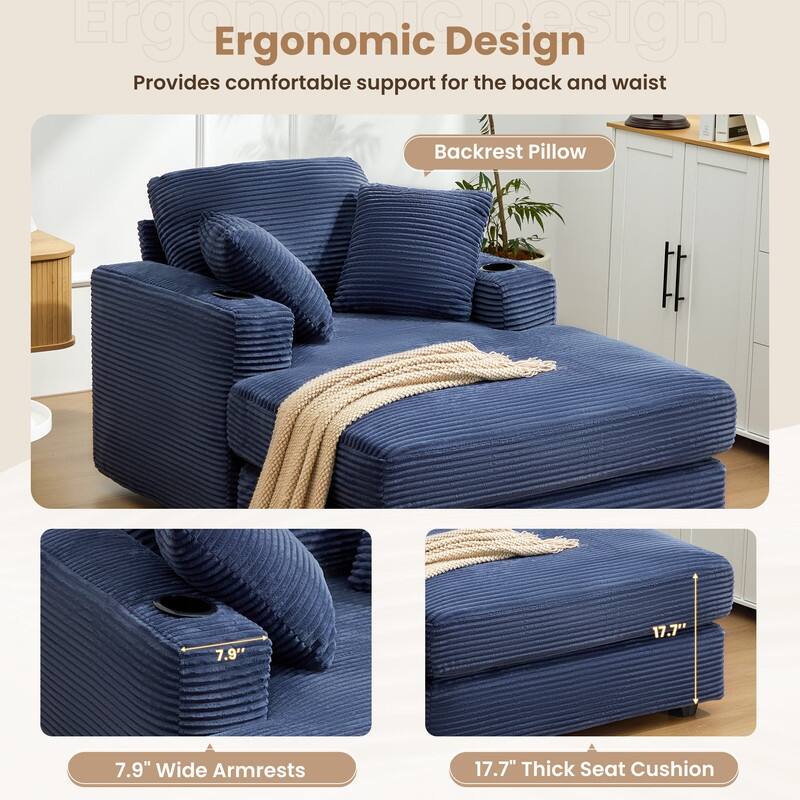 Chaise-Style Corduroy Sofa with Cup Holders and 3 Back Cushions - Reclining Lounge Design