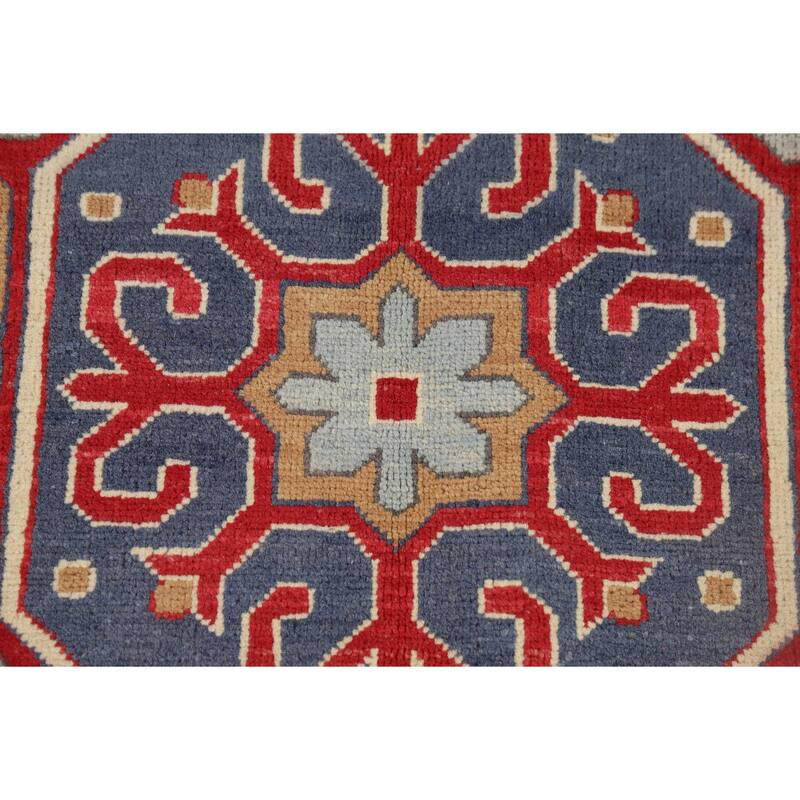 Geometric Red Kazak Oriental Runner Rug Hand-Knotted Wool Carpet - 3'4" x 6'7"