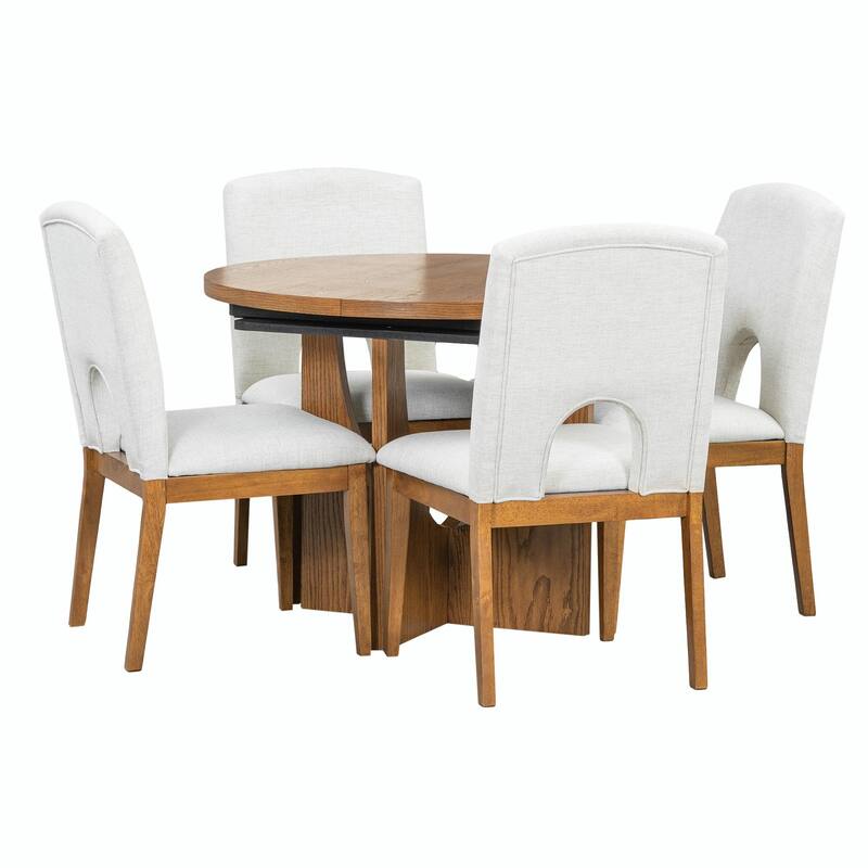 Modern 5-Piece Round Dining Set with 16.2" Removable Leaf