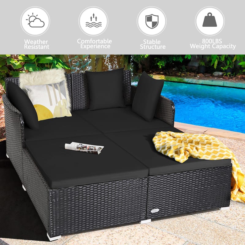 Outdoor Rattan Daybed with Cushions for Patio Garden Lounge Seating