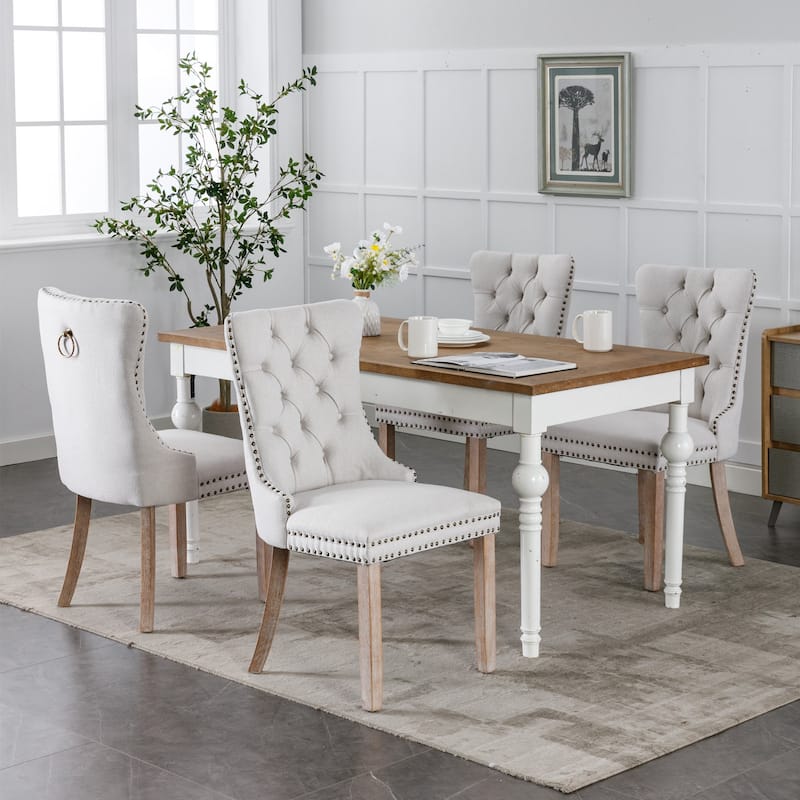 Modern Tufted Dining Chair with Wood Legs, Nailhead Trim, Set of 2