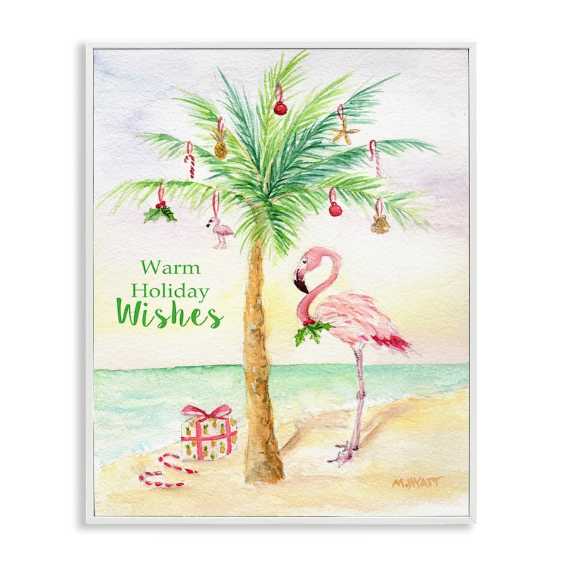 Stupell Tropical Flamingo Christmas Nautical Palm Tree Framed Wall Art - Multi-Color - 16 x 20 - White