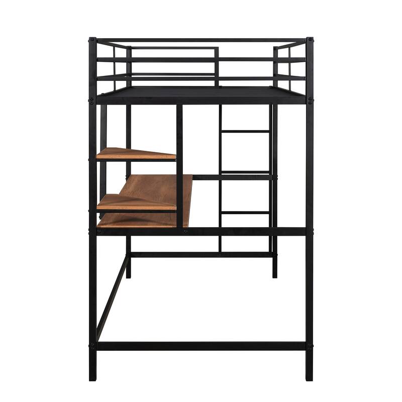 Black Twin Metal Loft Bed with Integrated Desk and Shelving Unit