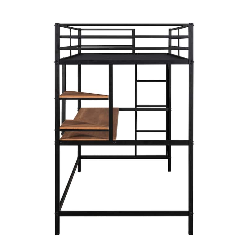 Sturdy Twin/Full Size Metal Loft Bed with Integrated Desk & Shelves, Modern Design