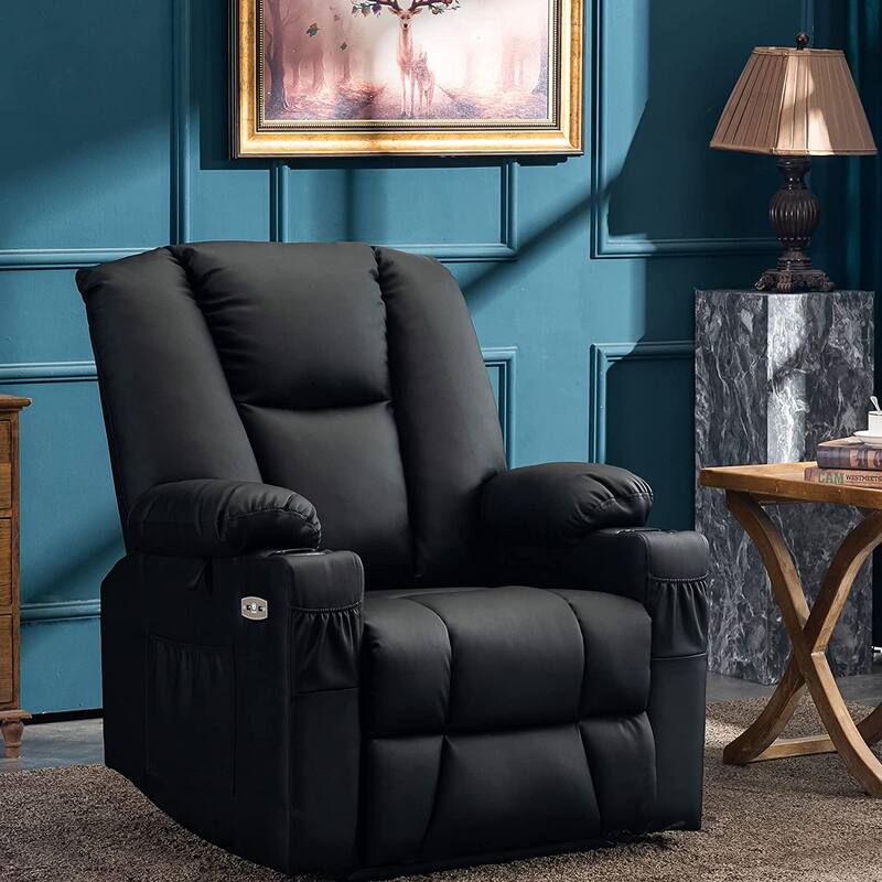 Mcombo Electric Power Recliner with Massage & Heat, Extended Footrest, 2 USB Ports, Side Pockets, Cup Holders, Faux Leather 8015