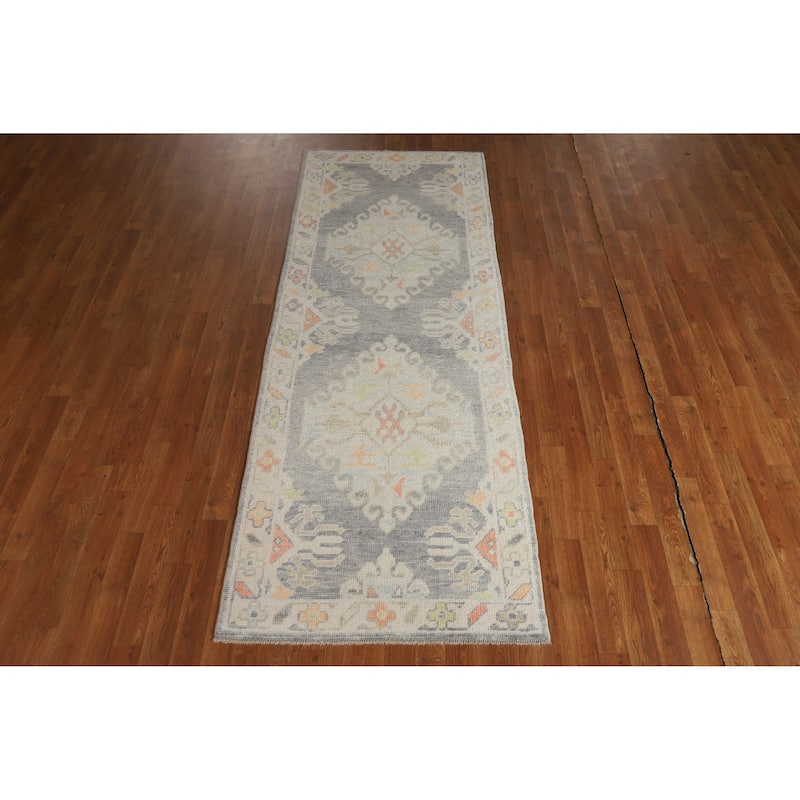 Hand Knotted Oriental 100% Wool Carpet Transitional Geometric Greys & Charcoal Oushak Runner Rug - 8' 4'' X 3' 1''