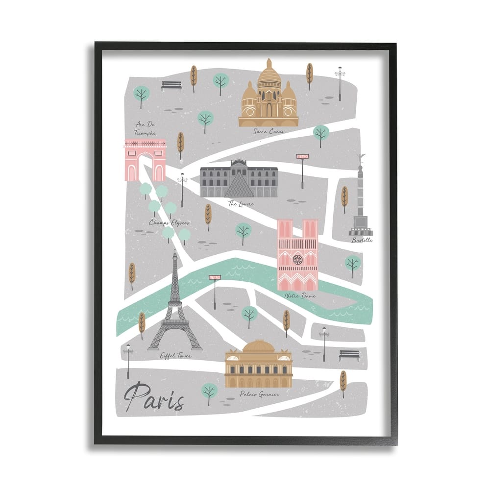 Stupell Paris Landmark Map French City Illustration Pink Grey Framed Wall Art