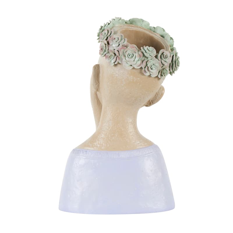 Beige Resin Bust Woman Planter with Succulent Crown and Top