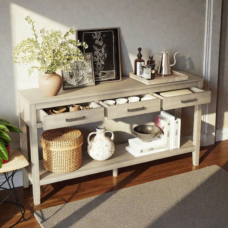 59.1 Inch Farmhouse Console Table with 3 Drawers and Bottom Shelf, Painted Entryway Sofa Table