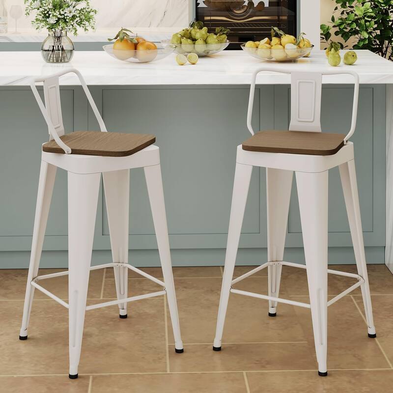 Swivel Counter & Bar Stools with Metal Frame Farmhouse 26" and 30" Seat Height Kitchen Barstools with Low Back and Wooden Seat - Off-White - Counter Height - Set of 2