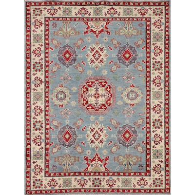 Light Blue Kazak Area Rug Handmade Geometric Wool Carpet - 5'3" x 6'8"
