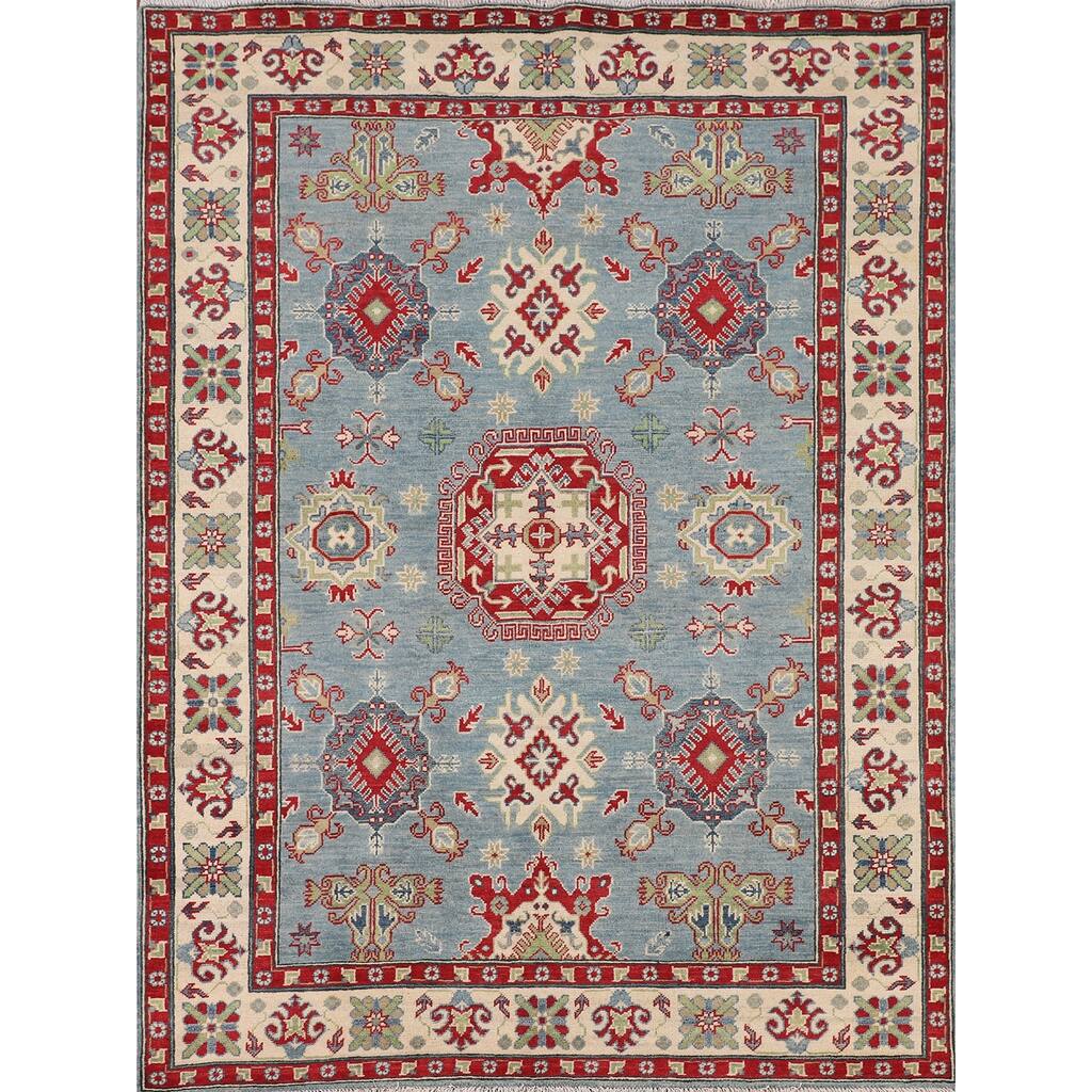 Light Blue Kazak Area Rug Handmade Geometric Wool Carpet - 5'3" x 6'8"