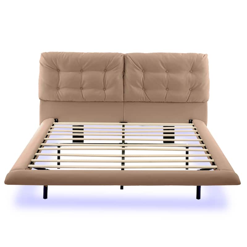Queen Size Upholstered Floating Bed Frame with LED Lights, PU Leather Platform Bed with Button-tufted Headboard