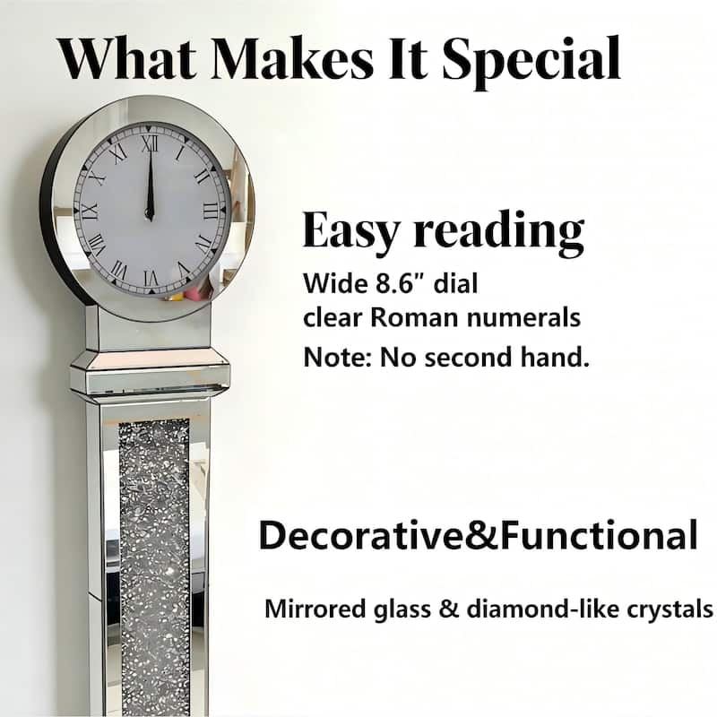 59 Inch Tall Mirrored Standing Clock with Crushed Diamond Inlay
